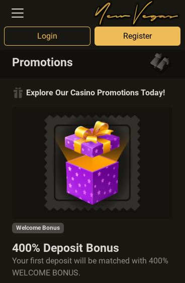 Join New Vegas app and claim a 400% welcome deposit bonus