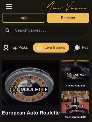 Play live roulette and table games at New Vegas Casino app