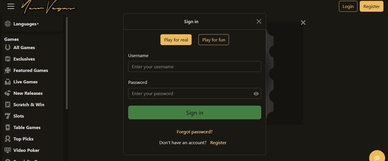 Sign in to your New Vegas account and play for real money