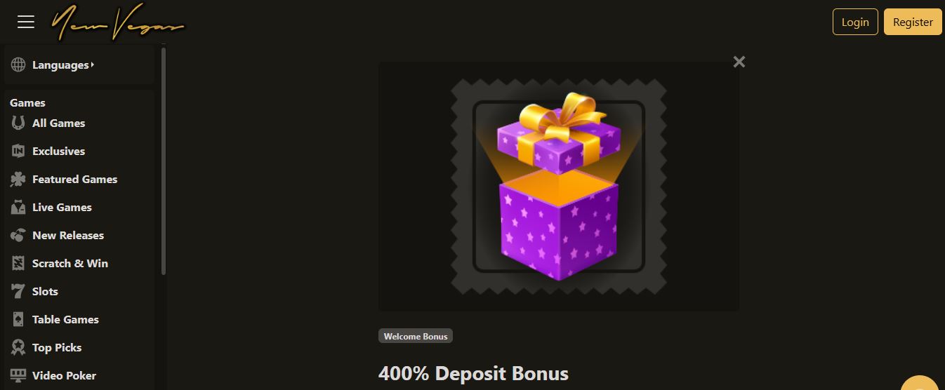 Claim a 400% deposit bonus on the welcome bonus popup